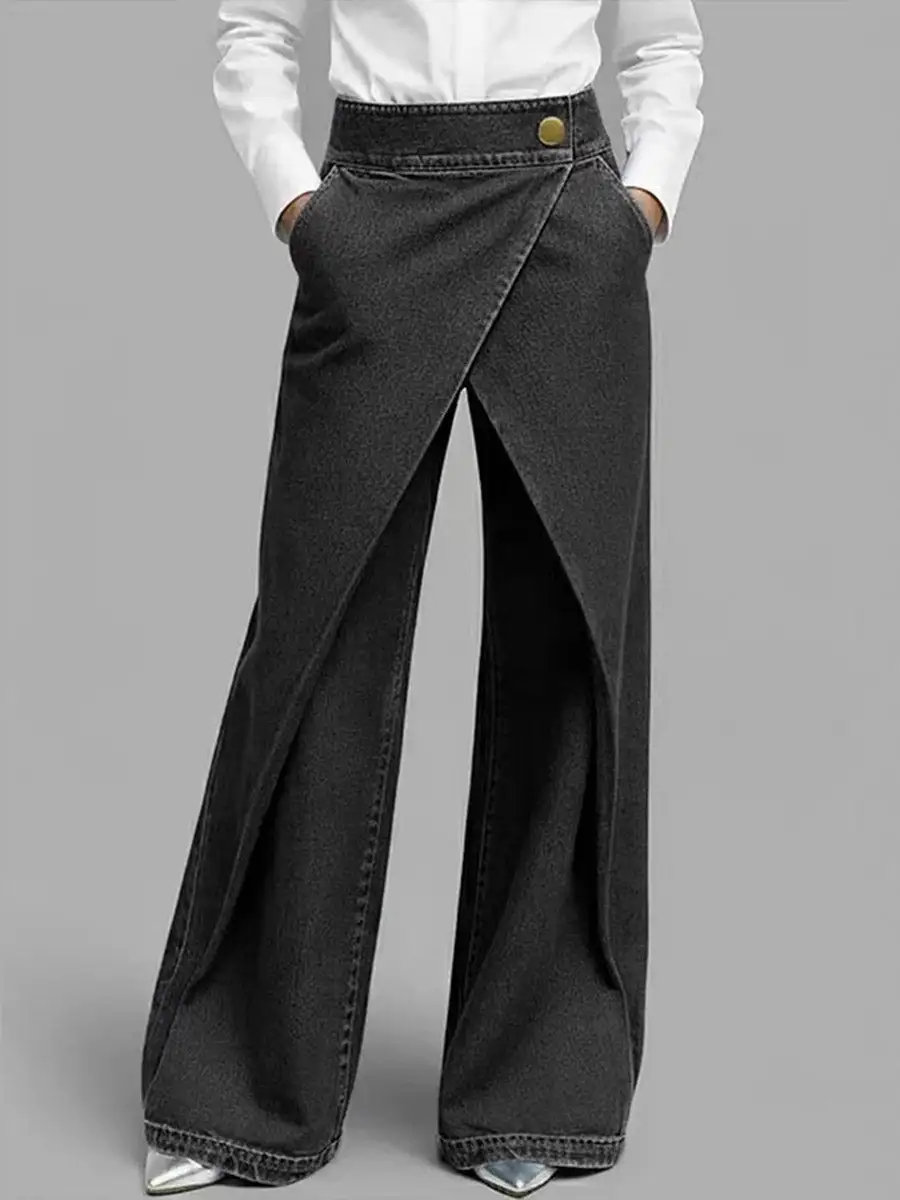 Minimal High Waist Relaxed Fit Wide Leg Asymmetric Seamed Lace-Up Detail Button Detail Pocket Jeans