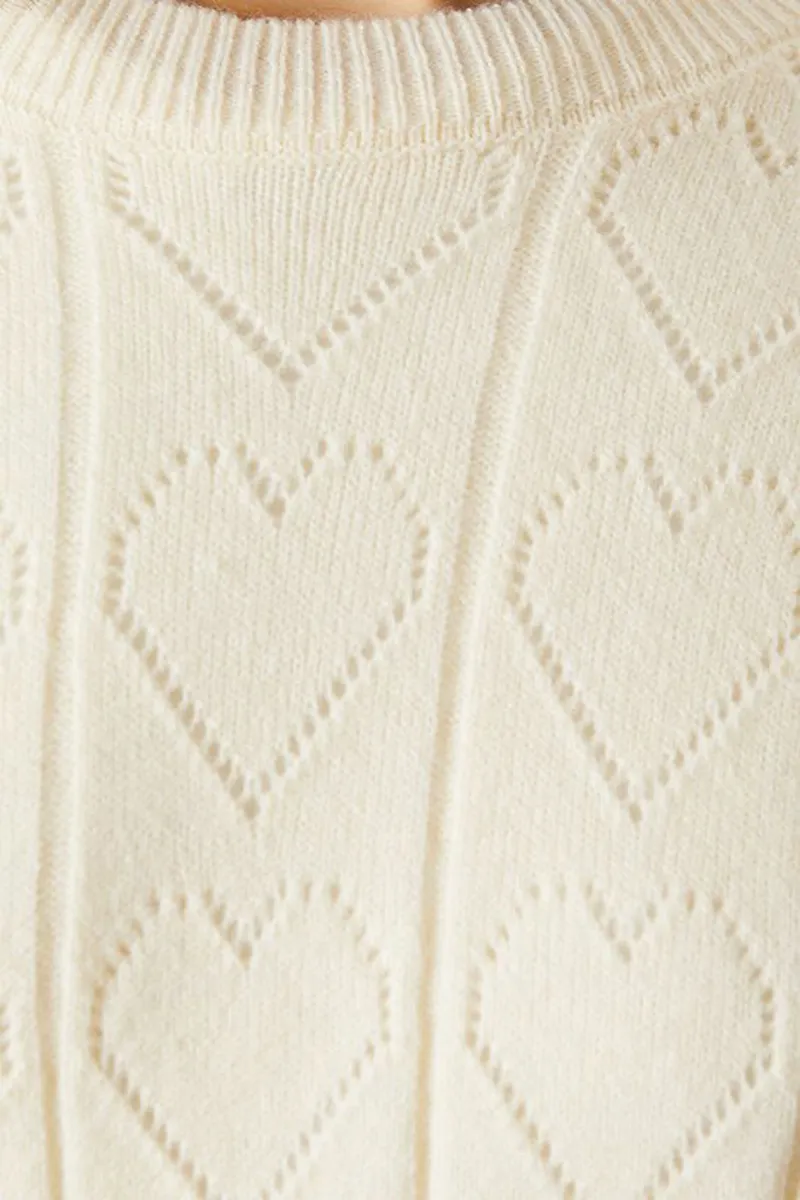 Casual Style Heart Pointelle Crew Neck Sweaters
