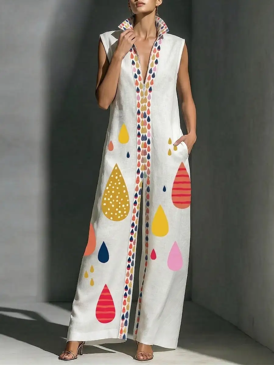 Kolom Losse Jumpsuits Met Contrasterende Kleuren Bedrukte Split