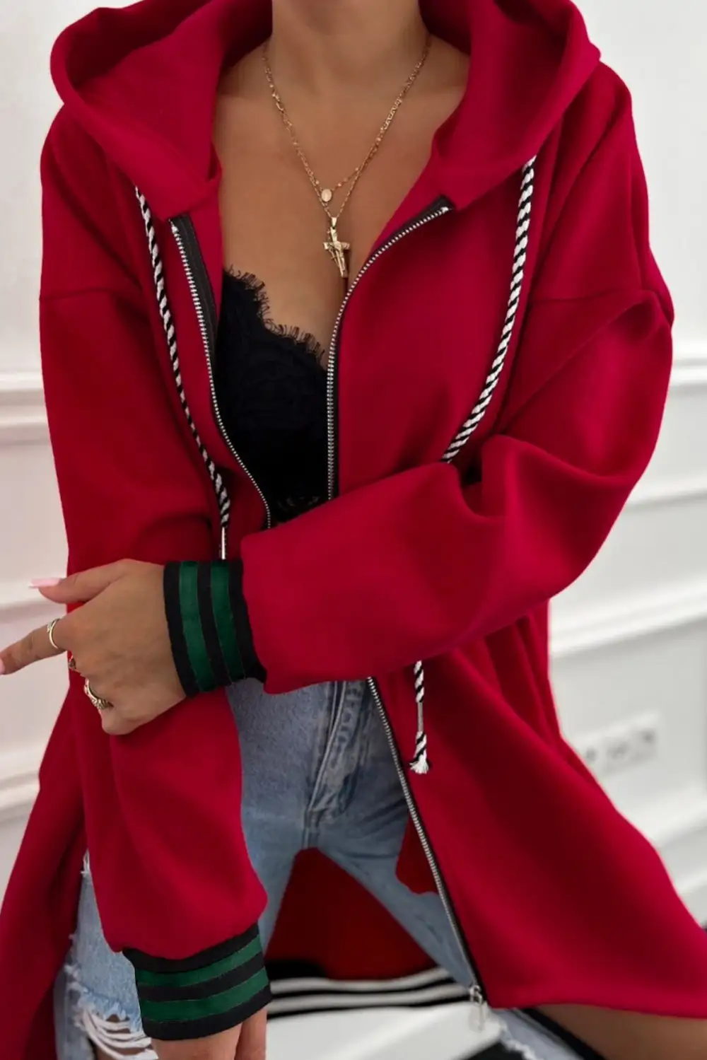 Zip Detail Drop Shoulder Contrast Trim Hoodie