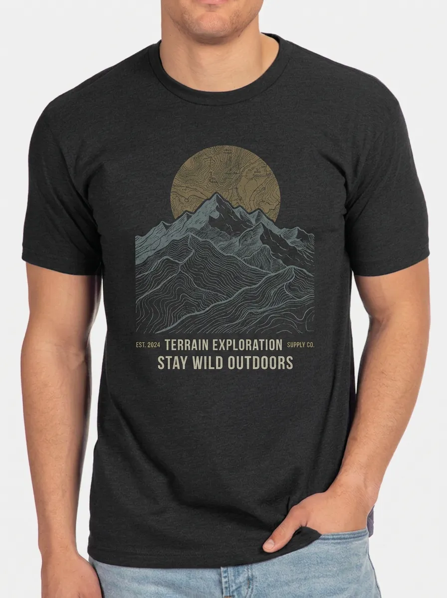 Men's Outdoor Adventure Mountain Topographic Printed T-shirt