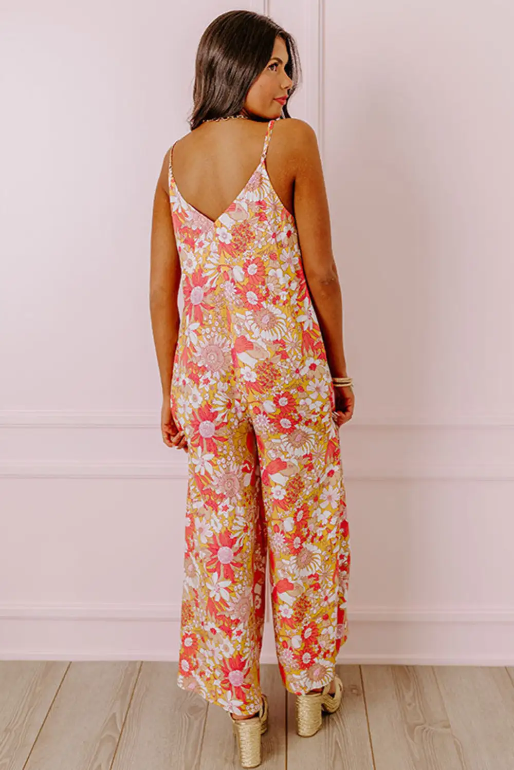 Floral V Neck Wide Leg Sleeveless Jumpsuit