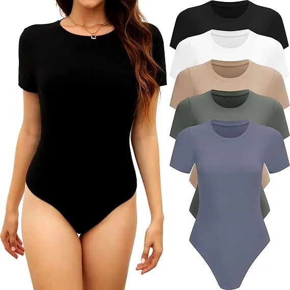 5 Pack Short Sleeve Bodysuits - Women'S Crew Neck T ShirtBodysuits For Daily Casual Wear