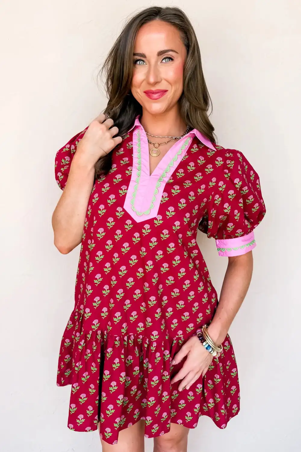 Layered Detail Floral Printed V Neck Mini Dress