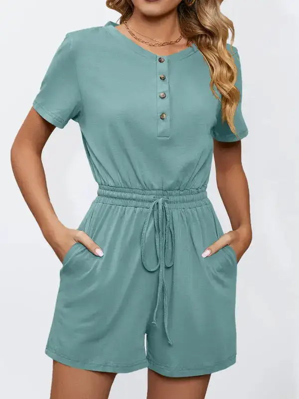 Knit Loose Short Sleeve Button Tie Shorts