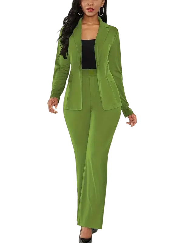 Women's Basic Plain Button Lapel Neck Blazer & Suit Pants