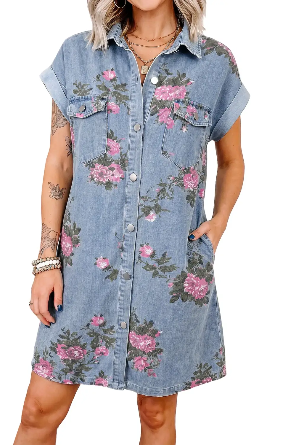 Sky Denim Floral Print Cuffed Short Sleeve Button Down Shift Dress