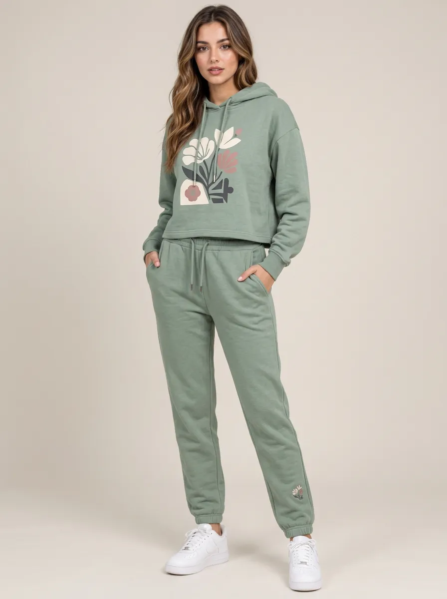 Women's Sage Green Cropped Hoodie Tapered Pants Solid Hoodie & Pants Set