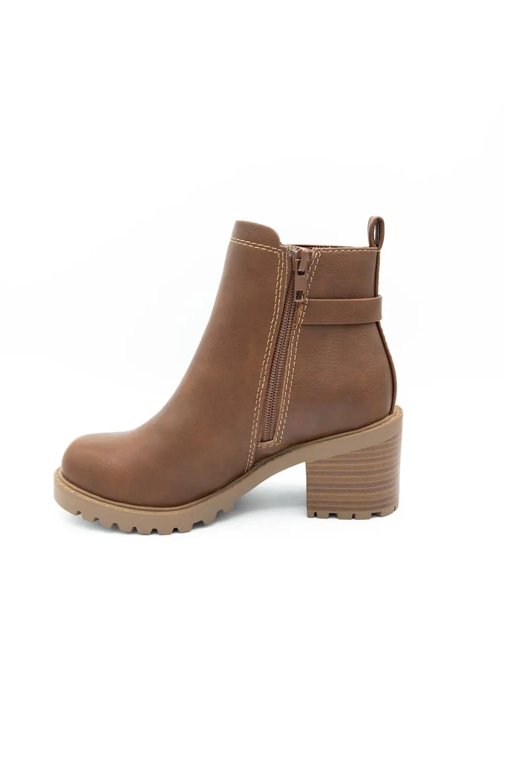 Lug Sole Buckle Detail Zip Entry Round Toe Bootie