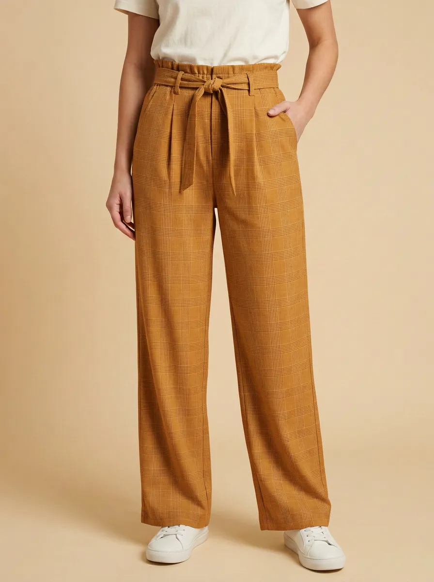 Women's Casual Plaid High-Waisted Tie-Front Print Trousers