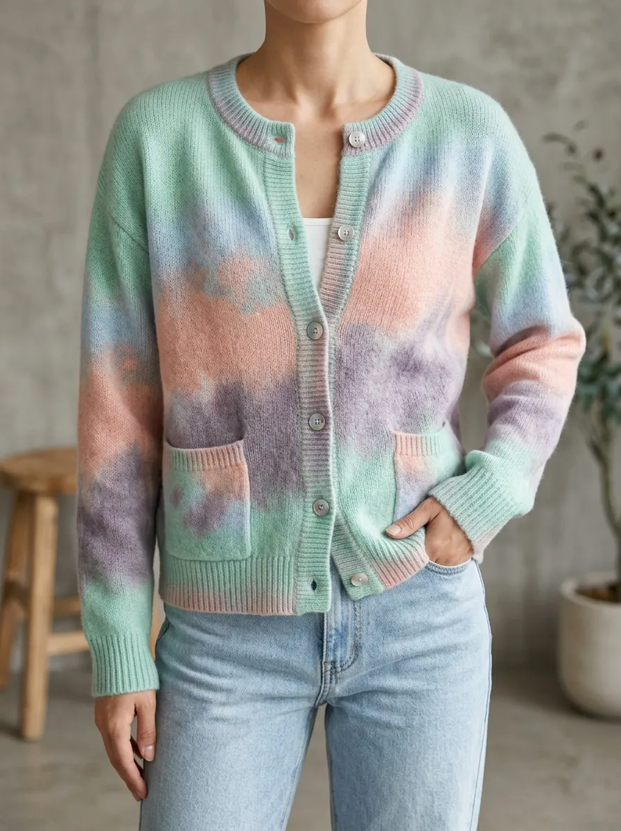 Women's Pastel Tie-Dye Pattern Printed Patch Pocket Easygoing Wardrobe Cardigan