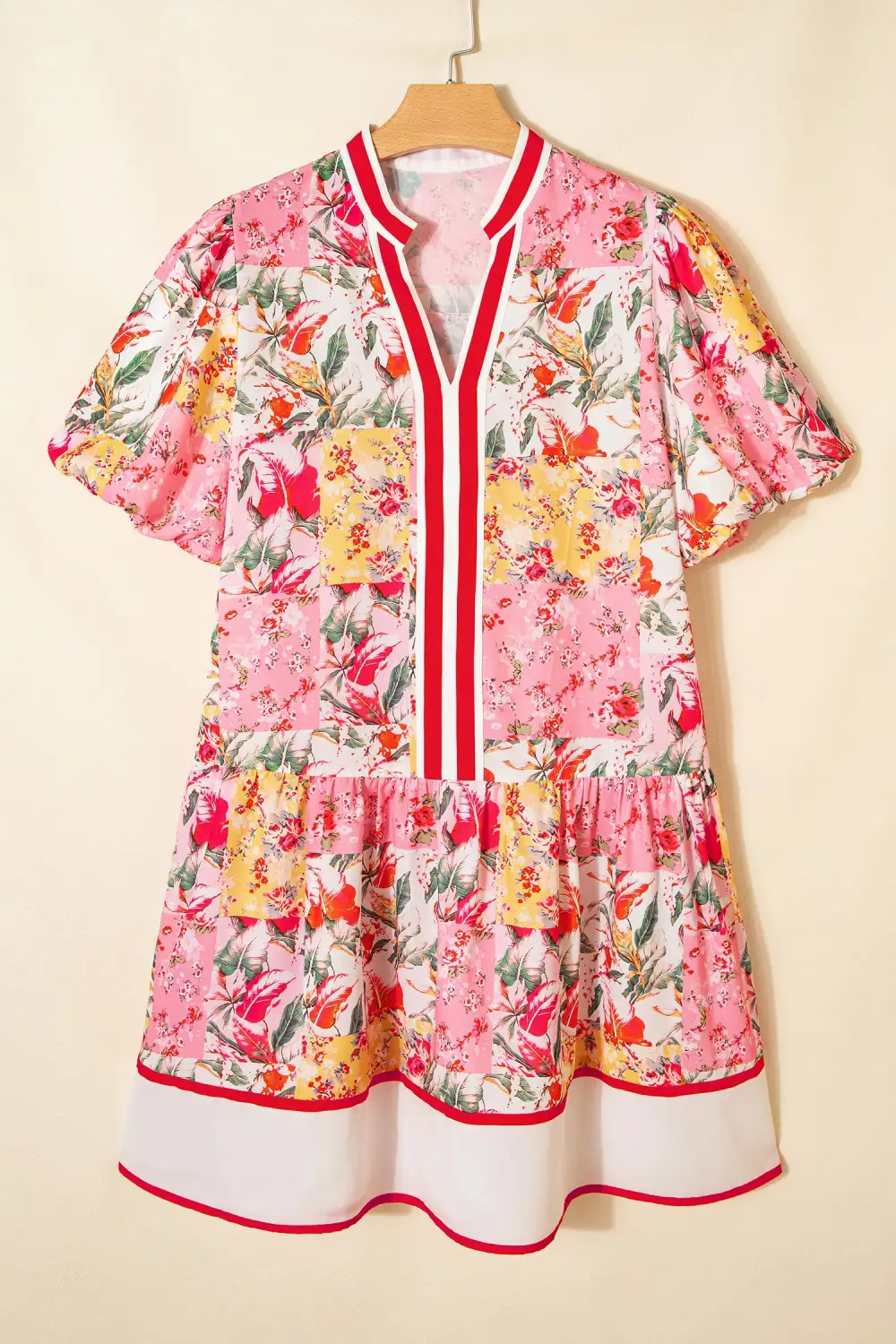 Floral Patchwork V Neck Mini Dress