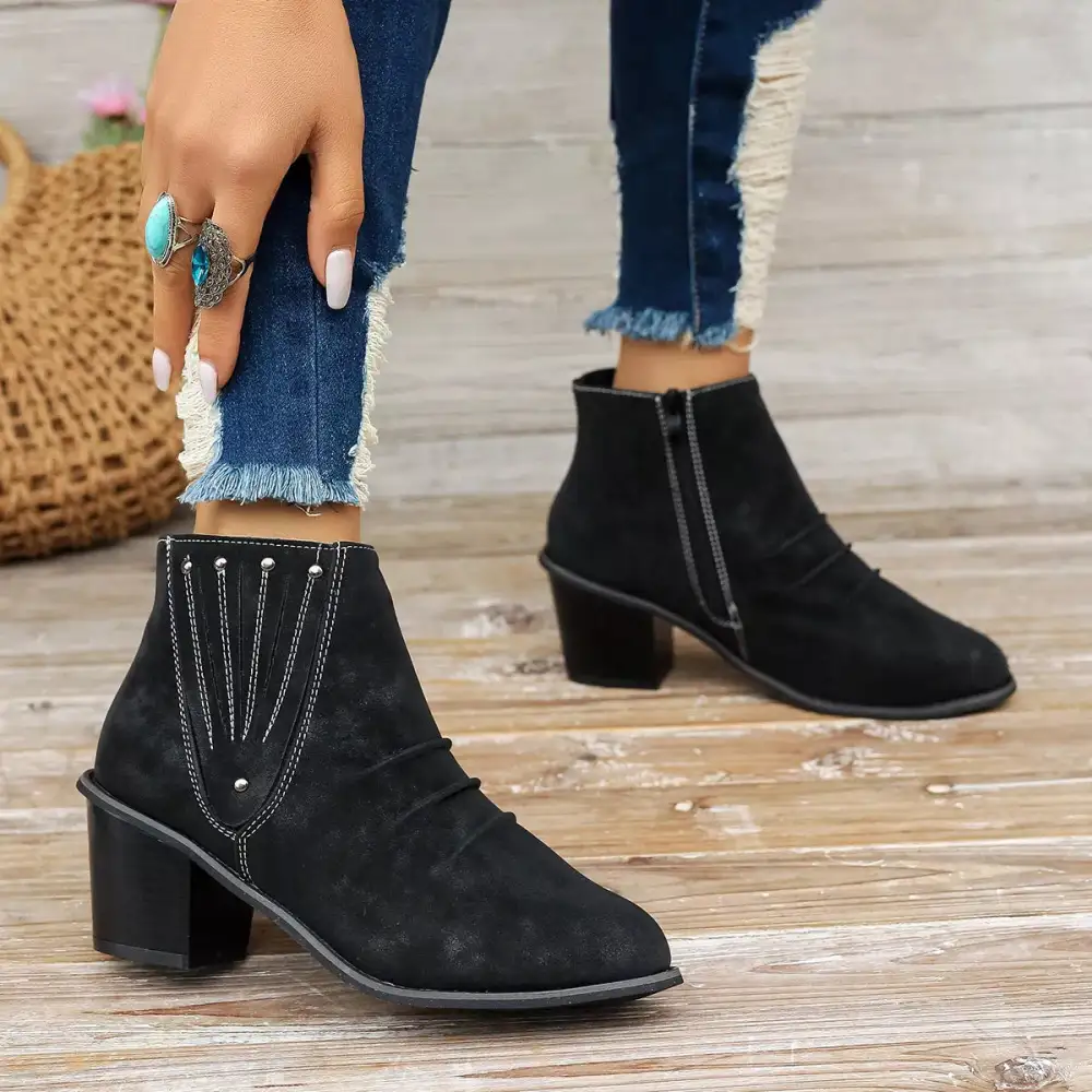 Tiered Point Toe Block Heels Boots