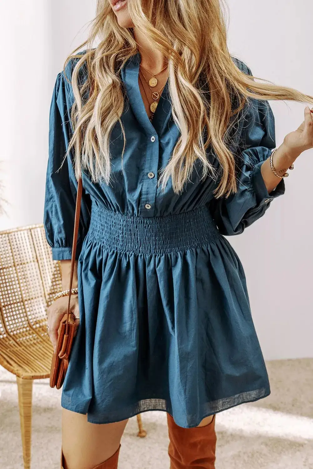Button Front Smocked Mini Dress