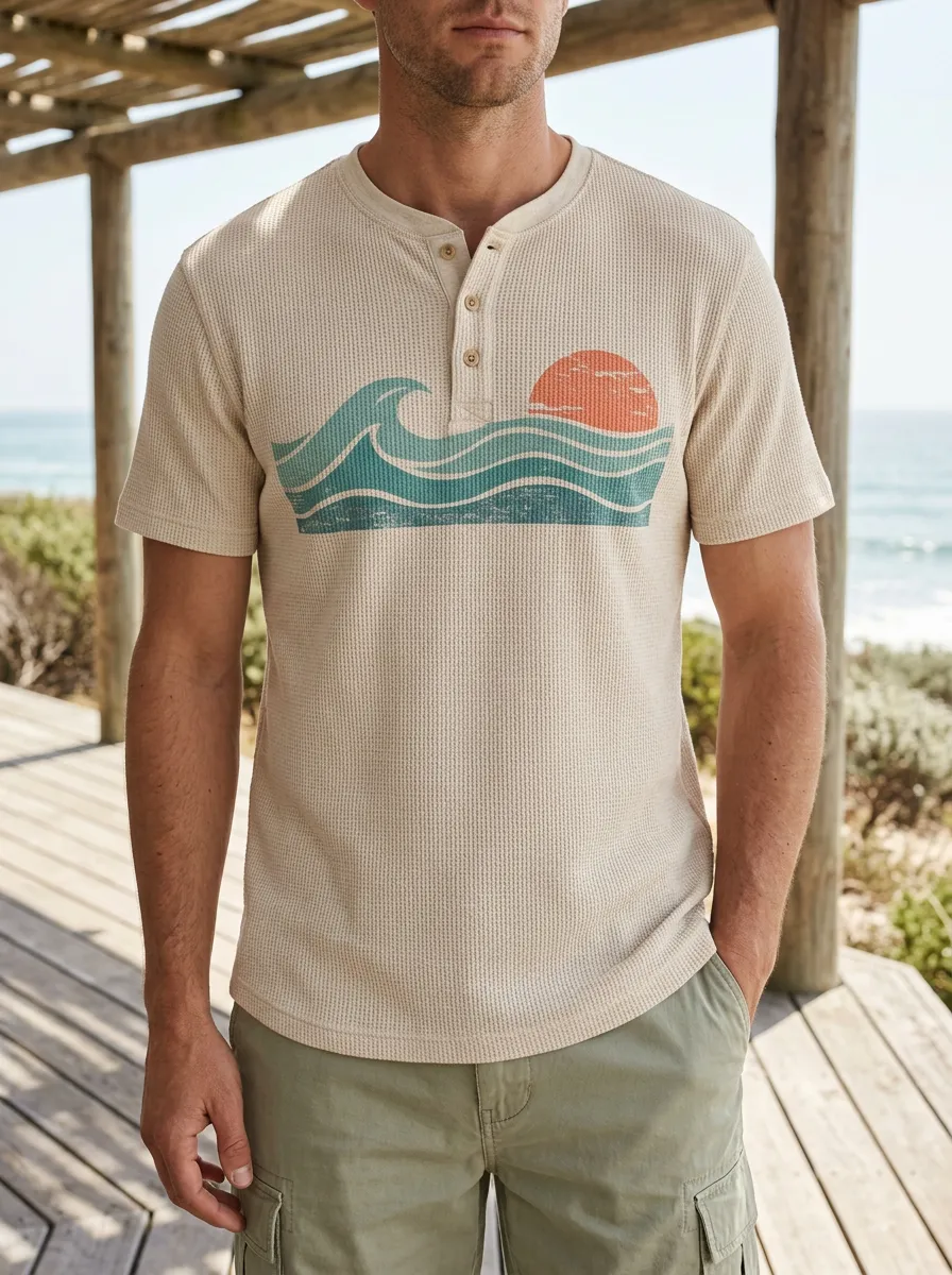 Men's Contemporary Beach Lover Ocean Wave Sunset Henley T-Shirt