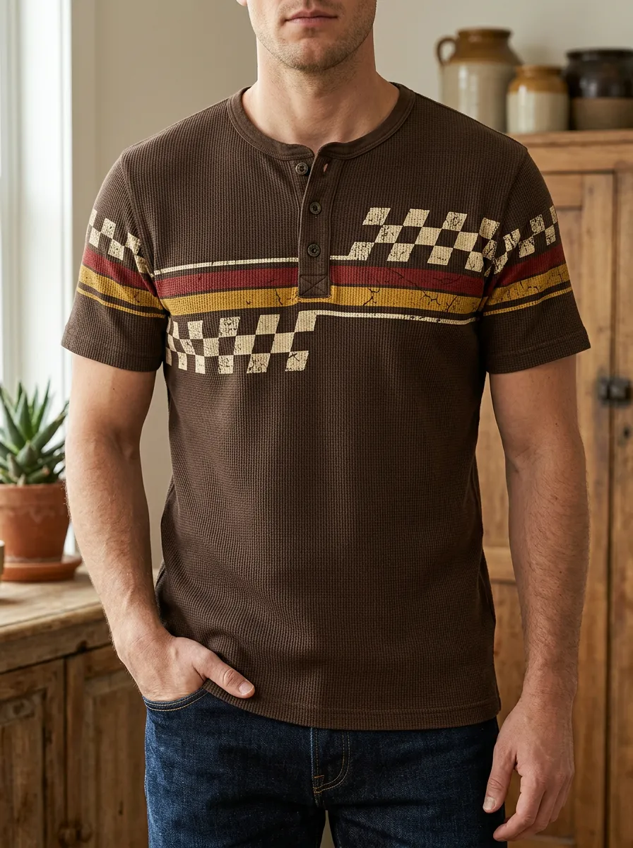 Men's Vintage Racing Checkered Stripe Printed Henley T-shirt