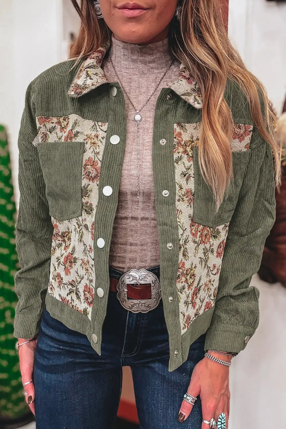 Sage Ribbed Retro Floral Patchwork Shirt Jacket