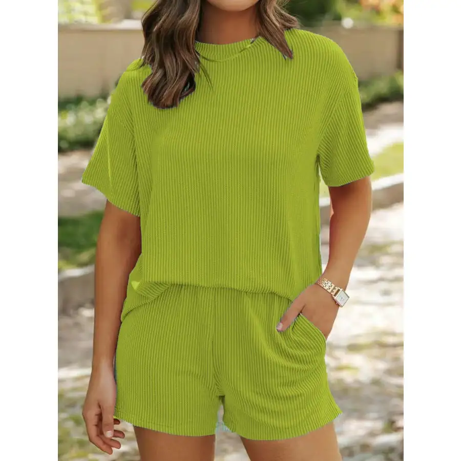 Ribbed Short Sleeve Top and Shorts Two Piece Set