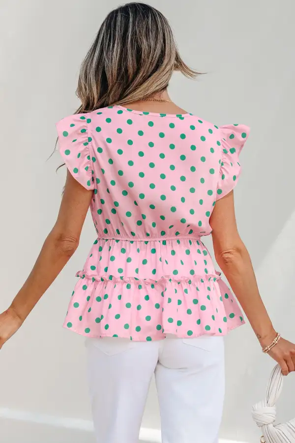 Ruffled V-Neck Dot Print Blouse