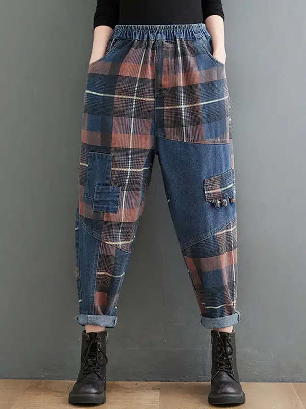 Artistic Retro Plaid Relaxed Fit Harem Elastic Waist Jeans