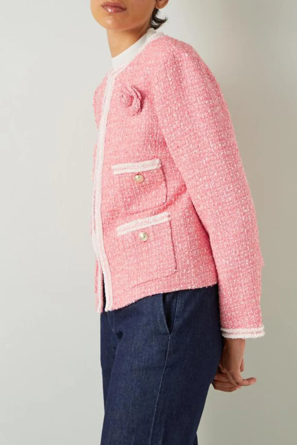 Pink Tweed Flower Detail Short Jacket