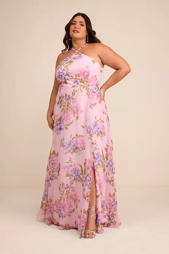 Romantic Marvel Navy Floral Print Halter Neck Maxi Dress