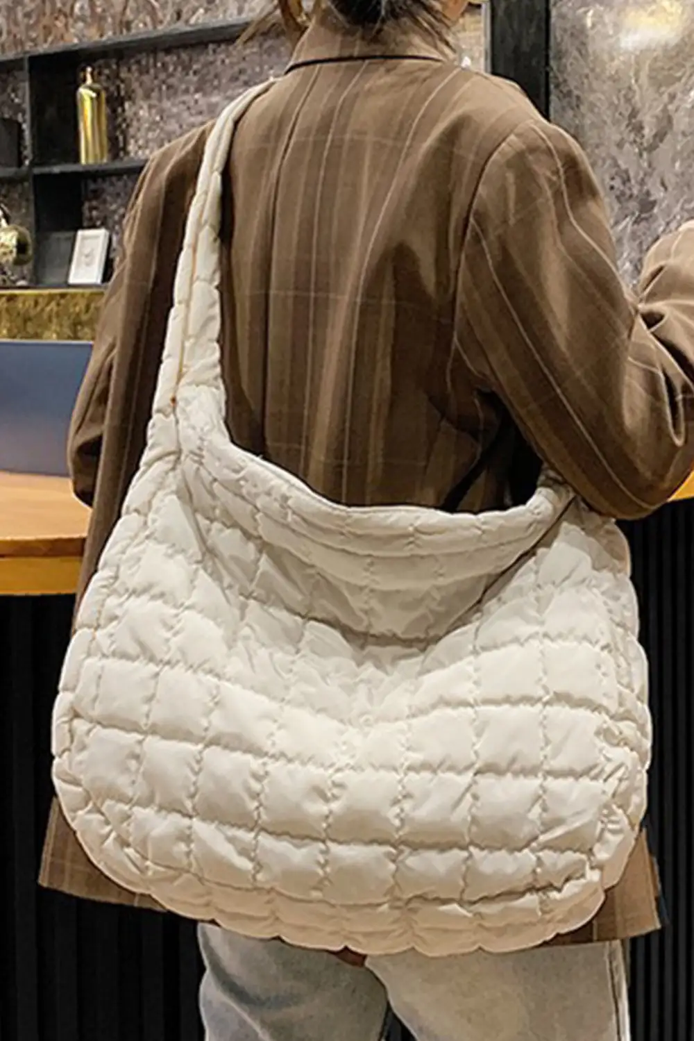 French Beige Quilted Zipper Large Shoulder Bag