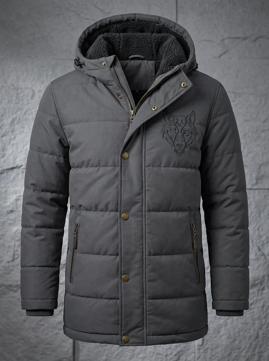 Men's Quilted Wolf Hooded Winter Parka