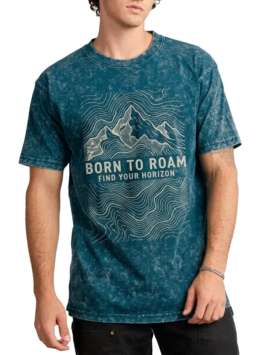 Men's Mineral Wash Summit Route Outdoor Adventure Born To Roam Mountain Topographic Graphic T-Shirt