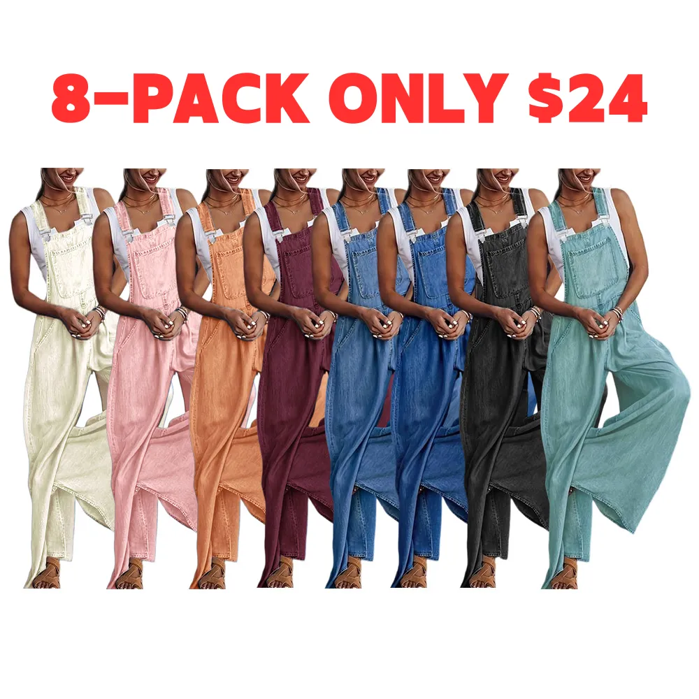 Women's Denim-Effect Print Plicated Wide Leg Overalls Jumpsuit, Minimalist Chic Fashion Casual Pocket Square Neck Overalls Jumpsuit for Daily Outdoor Wear, Ladies Clothes for All Seasons