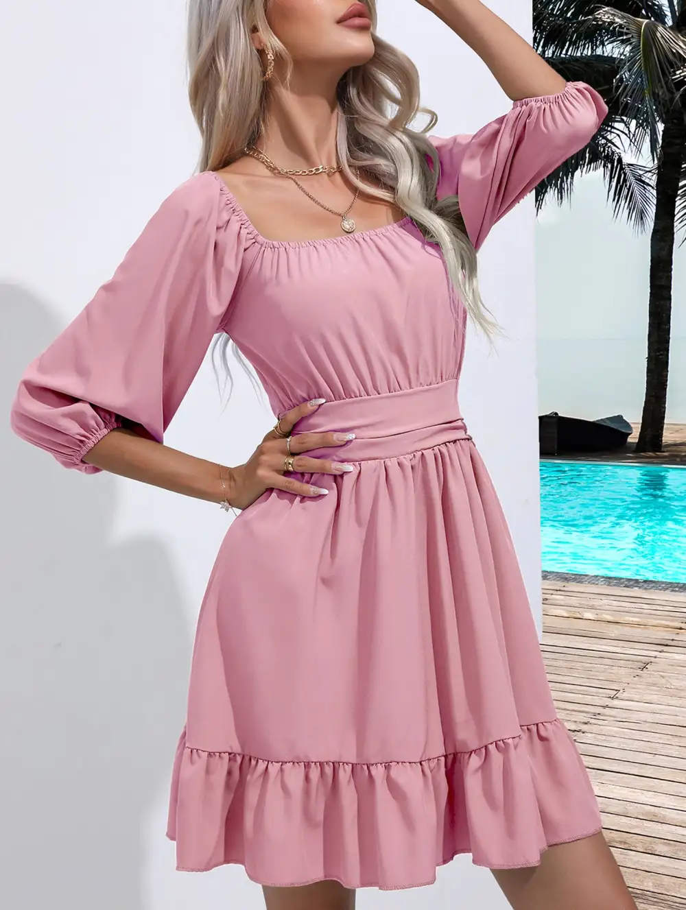 Square Neckline Ruffled Tie Up Short Dress