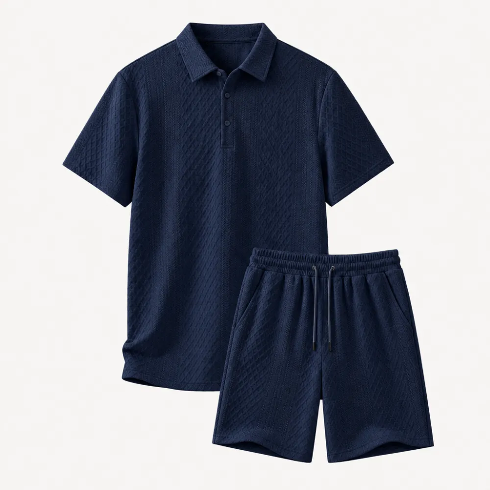 Men's Textured Knit Polo & Shorts Set