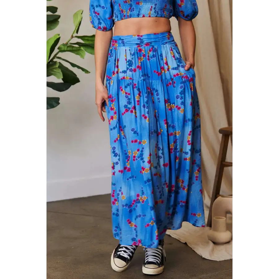 Davi and Dani Printed Smocking Waistband Ruffled Maxi Skirt