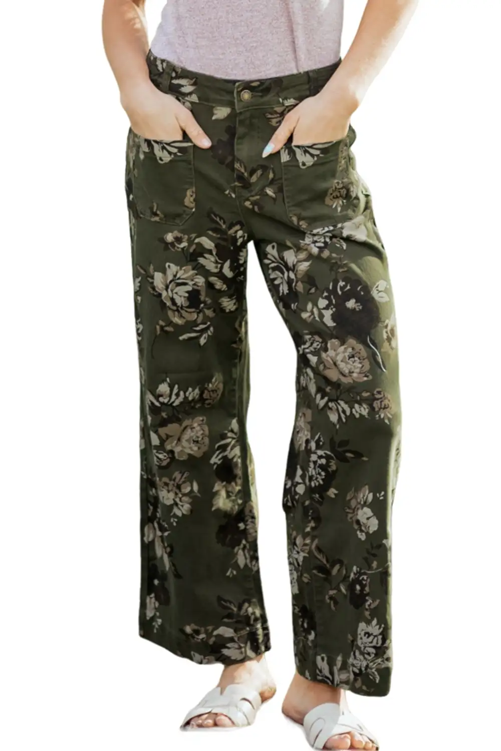 Vintage Floral Print Square Patch Pocket Raw Hem Shift Jeans