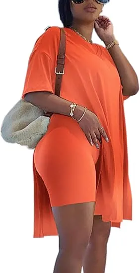Women Plus Size 2 Piece Outfits Short Sleeve Tunic Tops And Skinny Biker Shorts Sets Tracksuits Womenswear Bodycon Split Hem Lounge