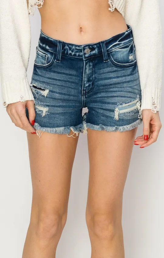 Mid Rise Frayed Hem Stretch Denim Shorts