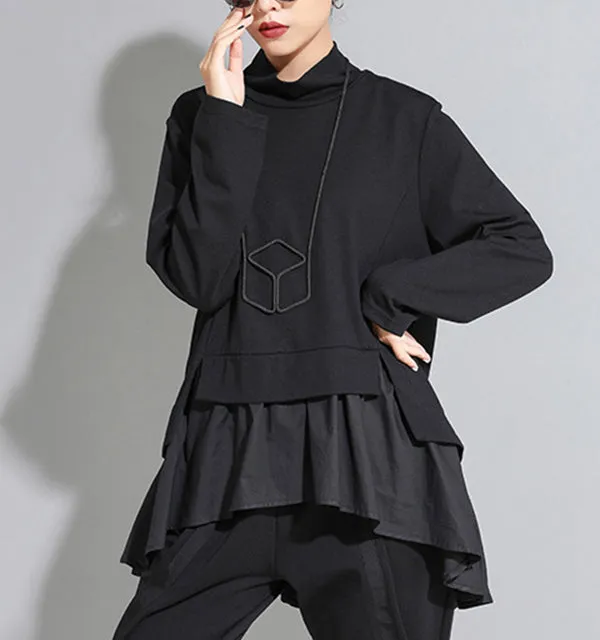 High Low A-Line  Panel Detail Split Back High Neck T-Shirt