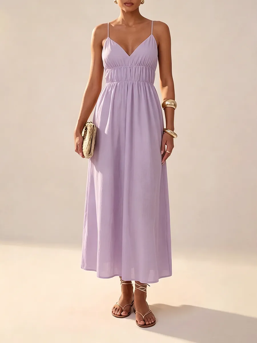 Women's Deep V-Neck Sleeveless Spaghetti Strap Ruched Flowy Maxi Sundress