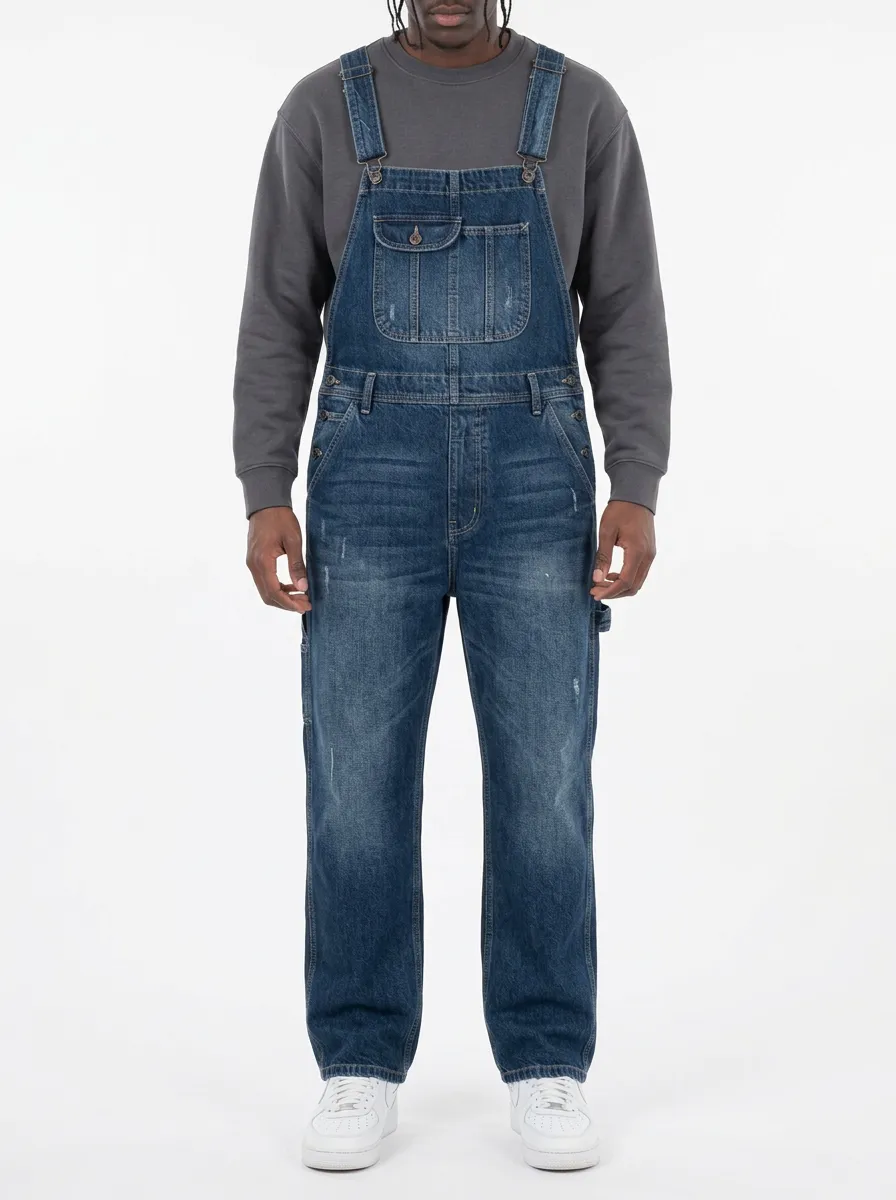 Men's Vintage Distressed Blue Denim Dungarees Overalls