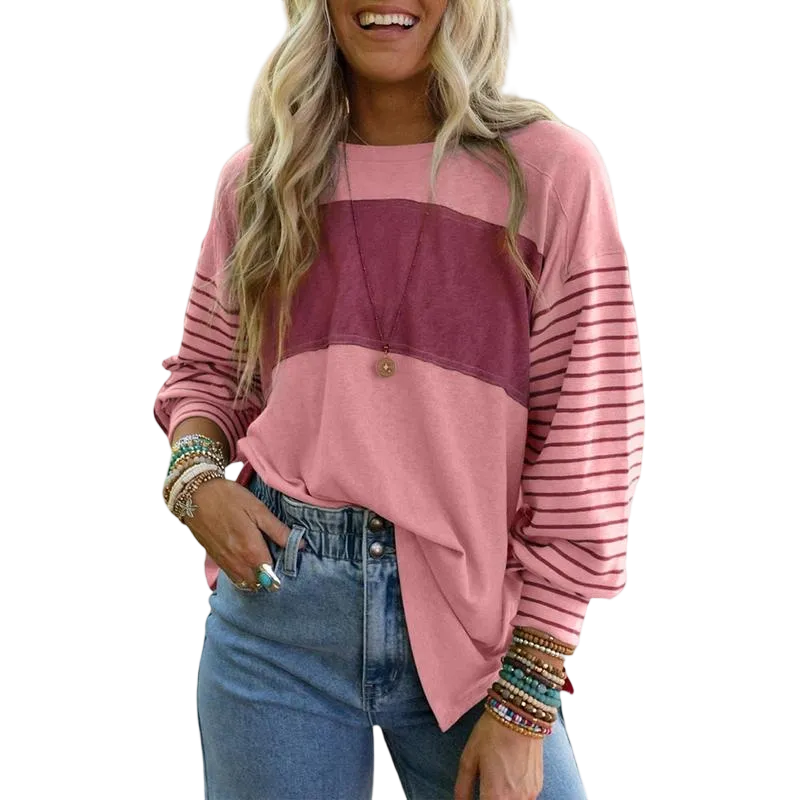 Long Sleeve Fall Tops Oversized 2025 Trendy Round Crew Neck Casual Color Block Womens Shirts Blouses