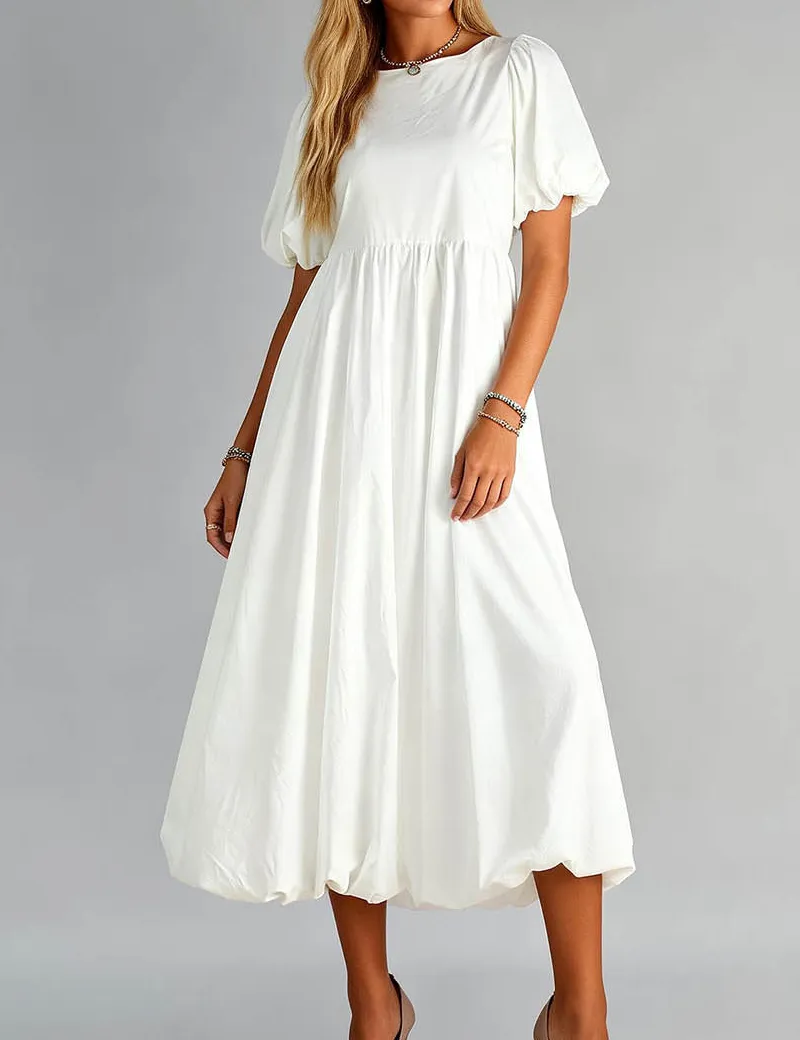 Round Neck Solid Color Puff Sleeves Midi Dress