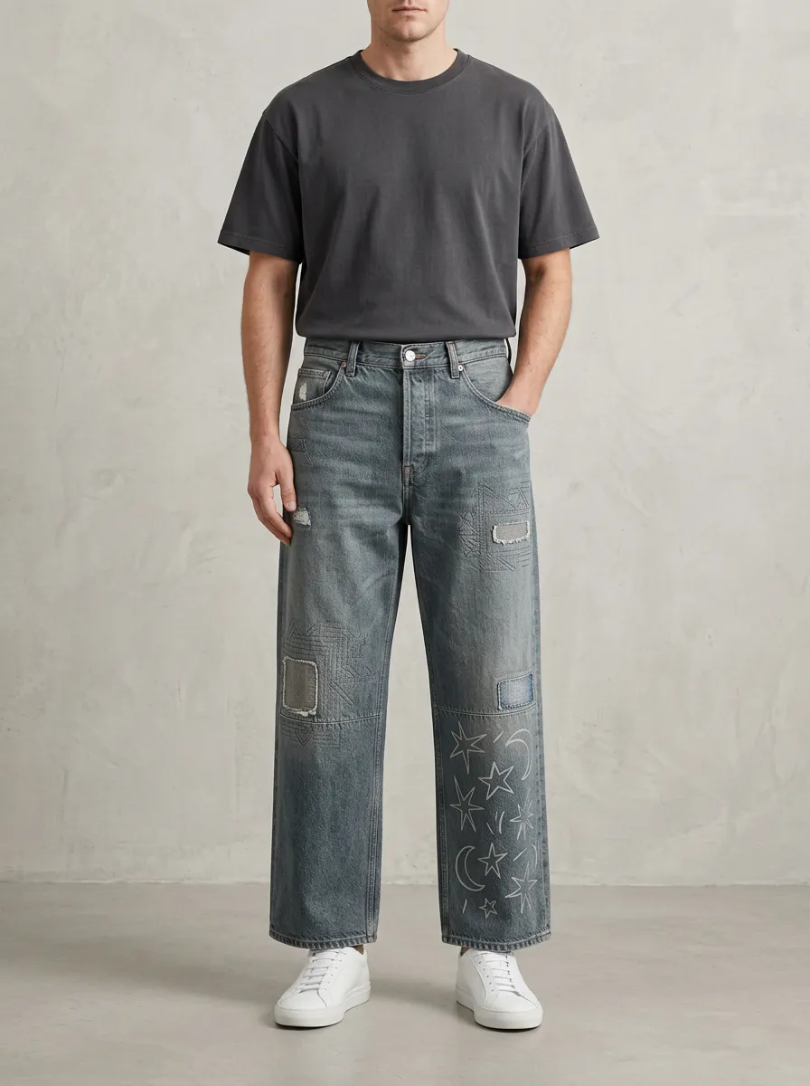 Men's Celestial Patchwork Star Wide Leg Jeans