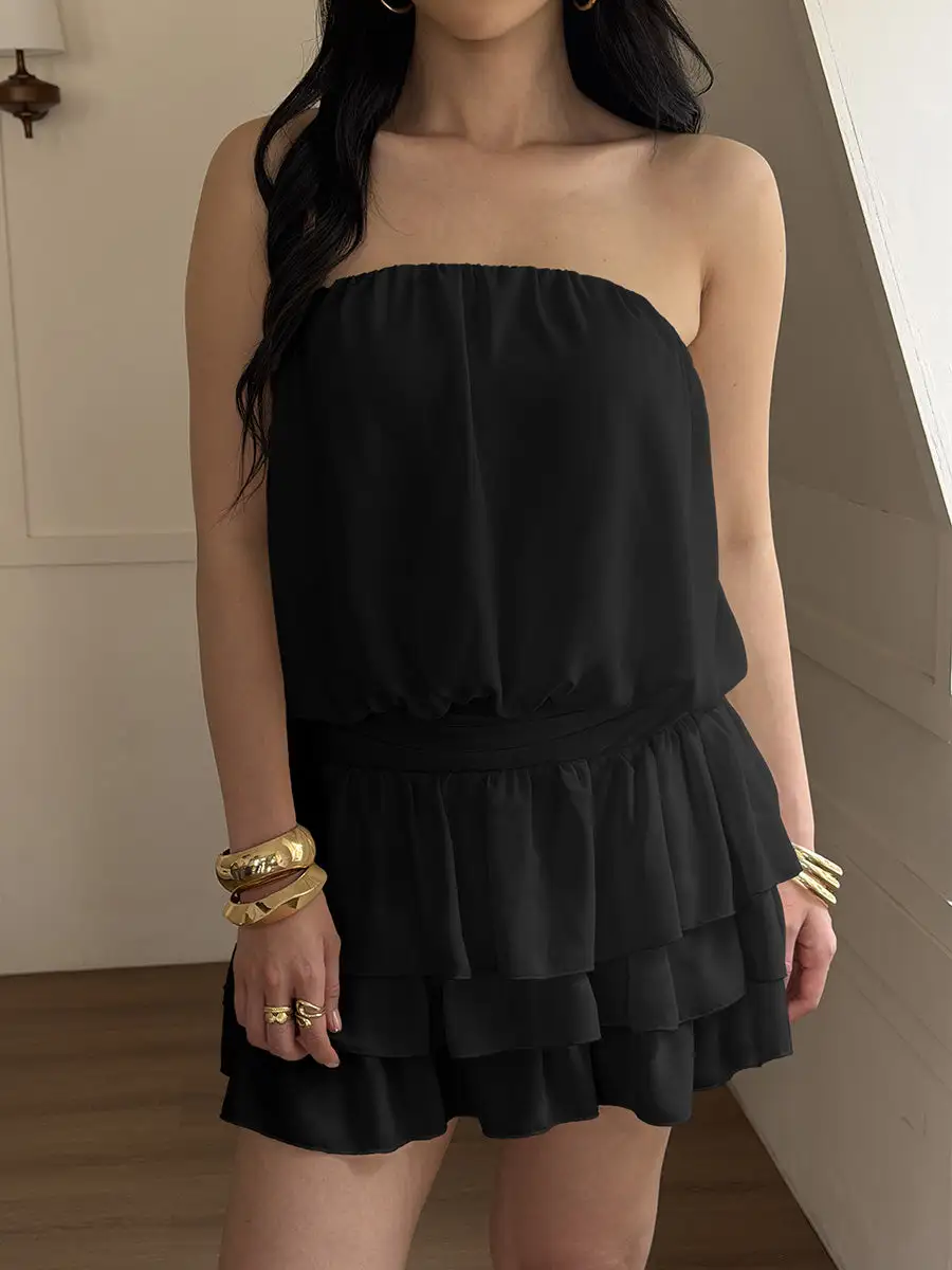 Sleeveless Elasticity Pleated Ruffle Solid Color Split Joint Tube Mini Dress
