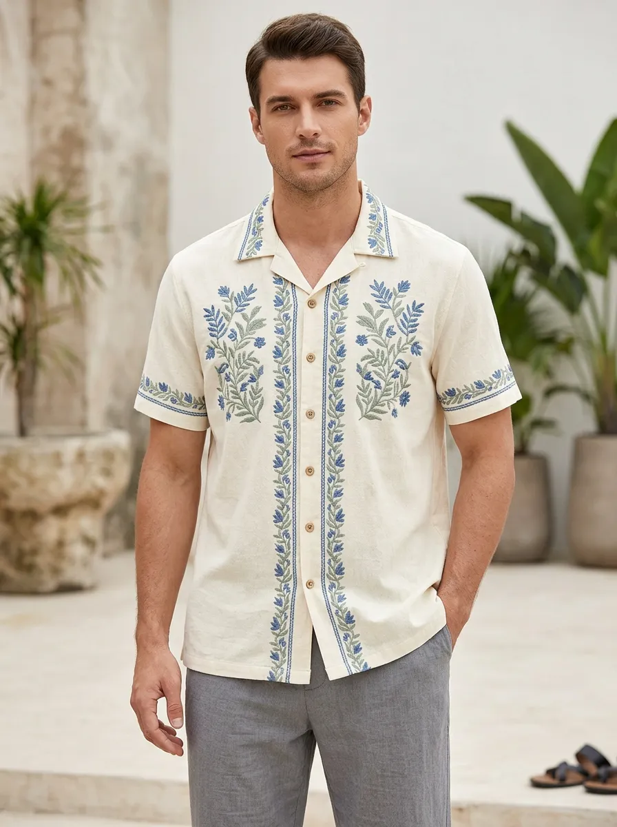 Men's Casual Botanical Embroidered Short Sleeve Shirt