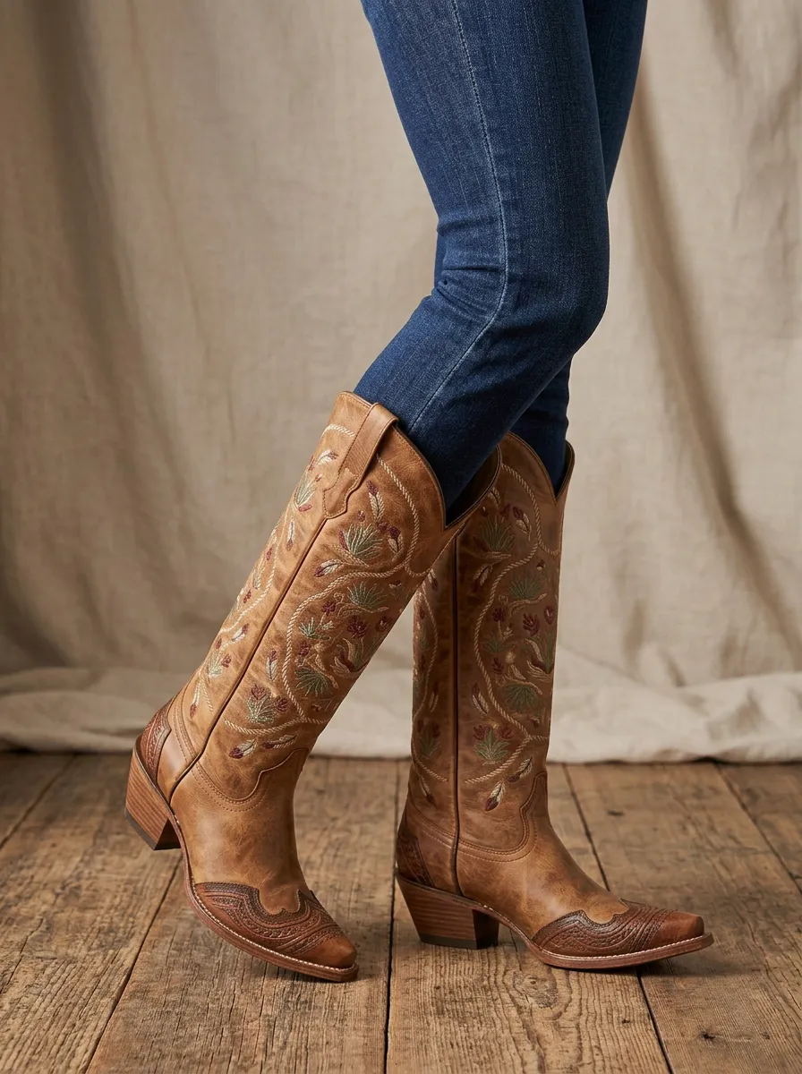 Women's Western Floral Star Embroidered Embossed Pointed-Toe Block-Heel Denim Over-the-Knee Boots