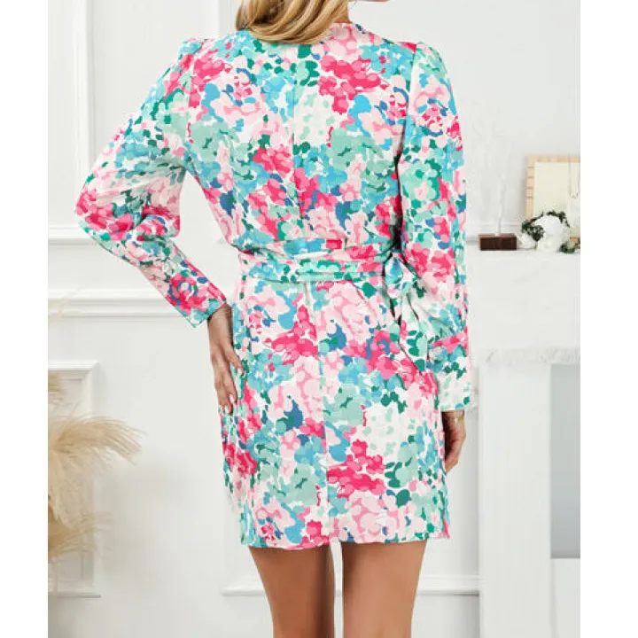 Printed Surplice Tie Waist Mini Dress