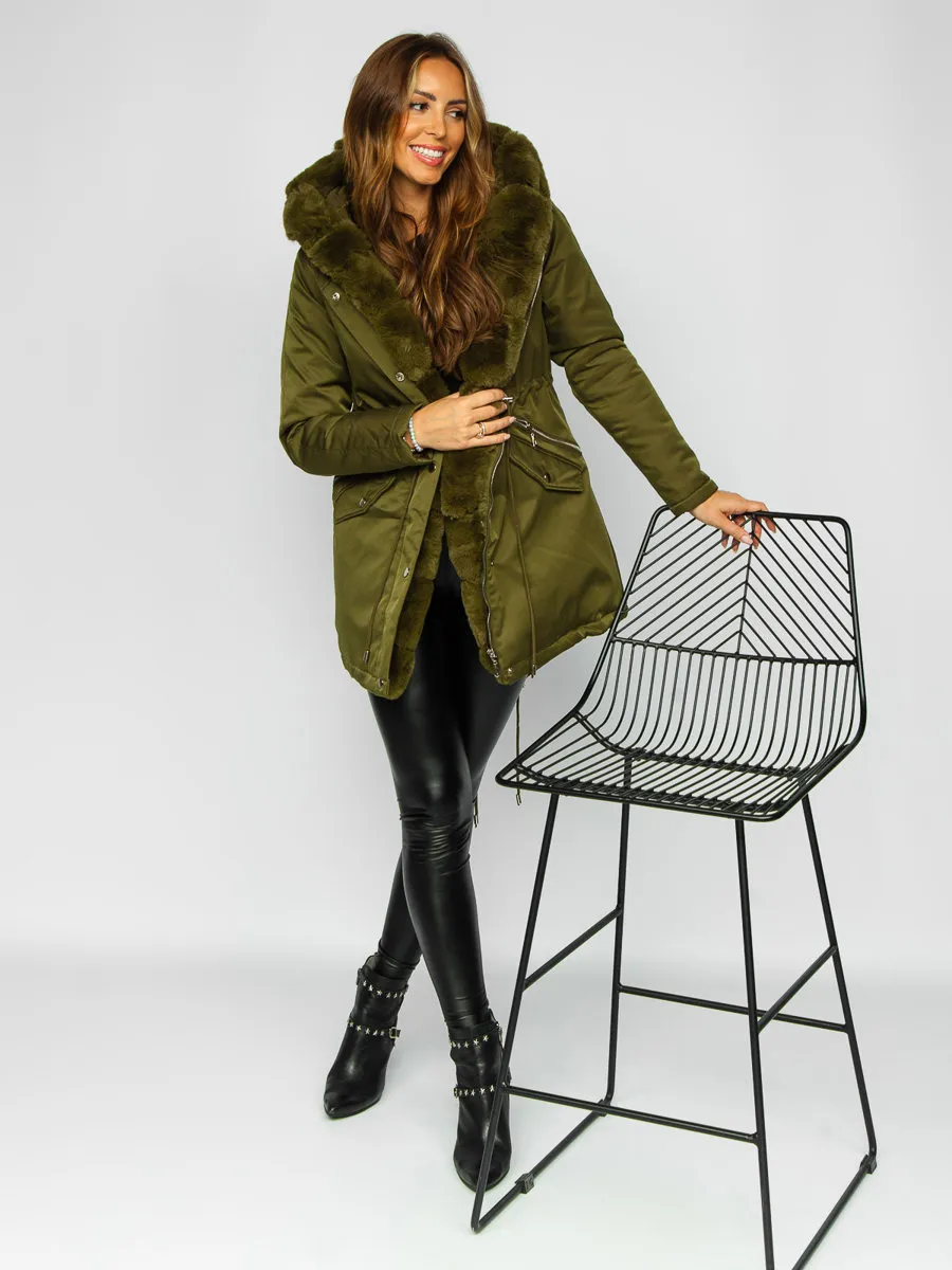 Khaki women's winter parka with hood