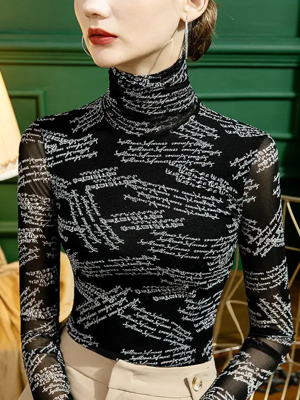 Long Sleeve Slim Fit Gauze Letter Print High Neck T-Shirt
