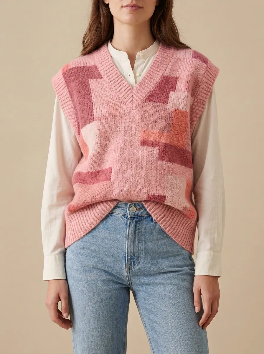 Geometric Colorblock Button Sweater Vest