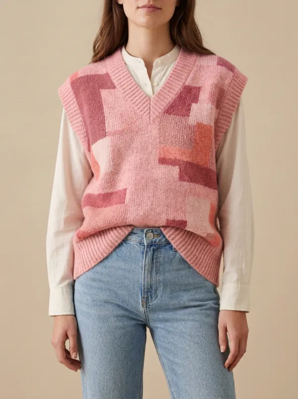 Geometric Colorblock Button Sweater Vest